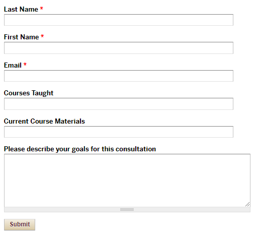 An HTML form with 4 questions: instructor name & email, course(s) taught, current materials used. A text box is provided for additional information.