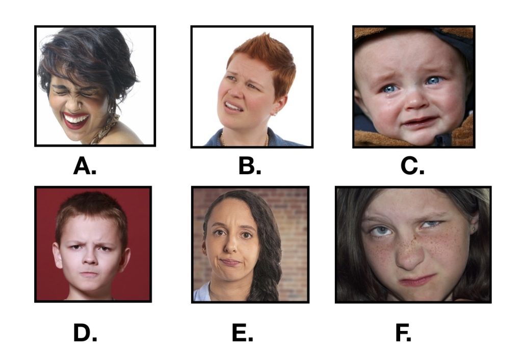 series of six images showing people with facial expressions. Image A shows a woman laughing and smiling; Image B shows a woman with furrowed eyebrows and her face slightly squinted; Image C shows a baby crying; Image D shows a boy with furrowed eyebrows, slit eyes, and closed mouth; Image E shows a woman with creased forehead, closed mouth, lips slightly turned down; Image F shows a girl with a crinkled nose, one eyebrow raised, one eye partially closed, mouth tight in a sneer.